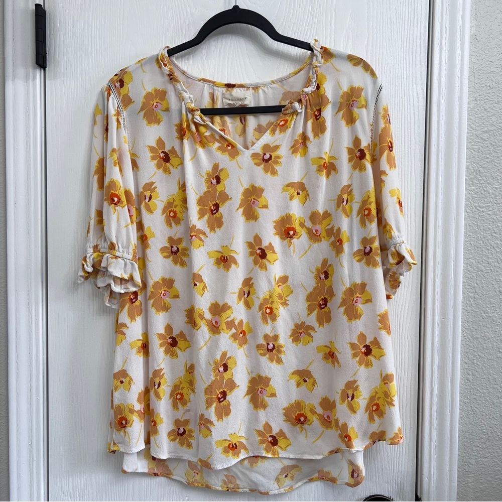 MELLODAY White and Yellow Floral Relaxed Ruffled Blouse Size XL